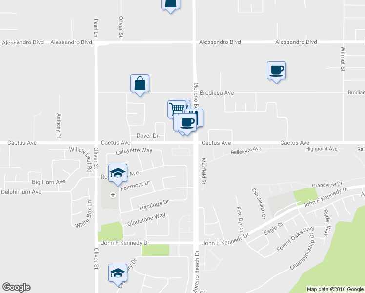 map of restaurants, bars, coffee shops, grocery stores, and more near 14485 Moreno Beach Drive in Moreno Valley