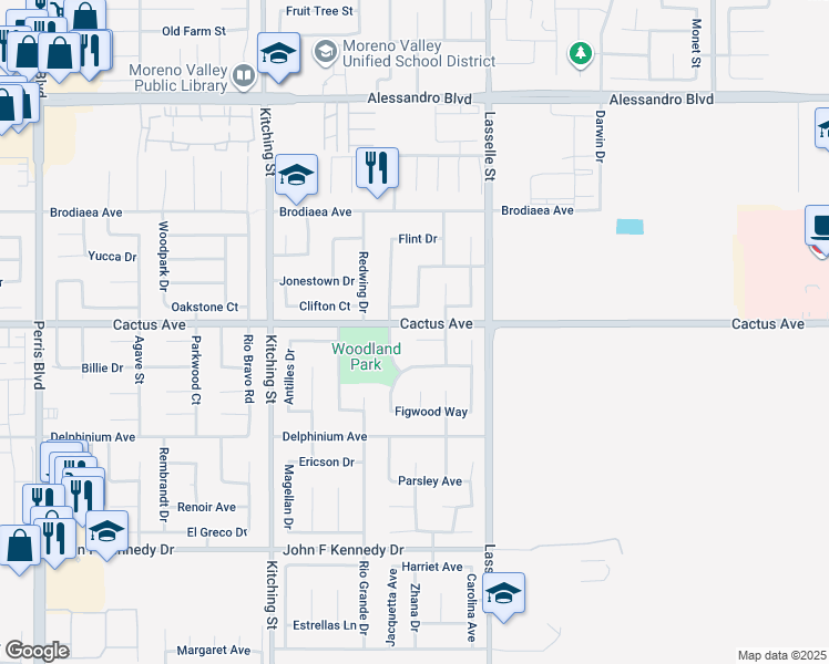 map of restaurants, bars, coffee shops, grocery stores, and more near 14478 Stuard Drive in Moreno Valley