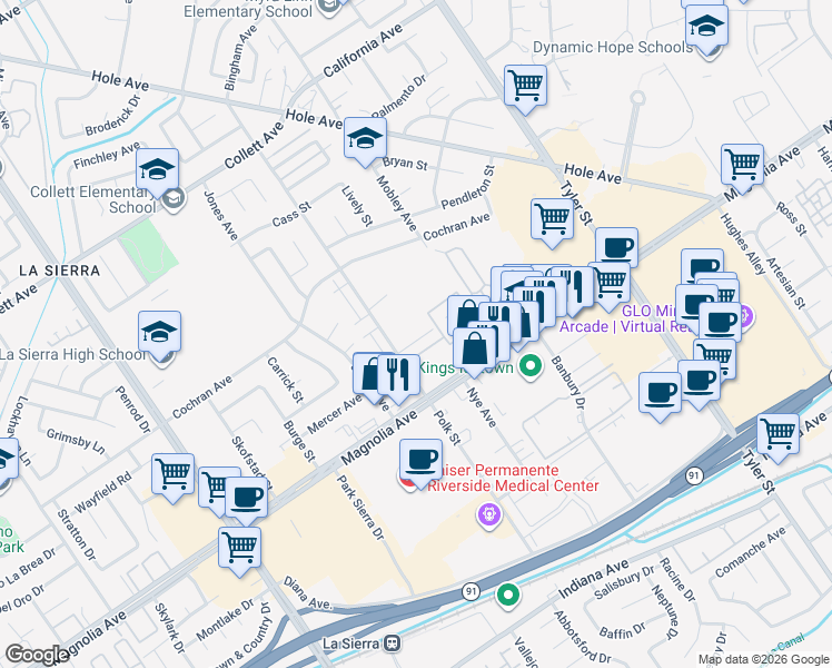 map of restaurants, bars, coffee shops, grocery stores, and more near 3891 Polk Street in Riverside
