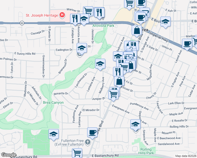 map of restaurants, bars, coffee shops, grocery stores, and more near 415 West Acacia Street in Brea