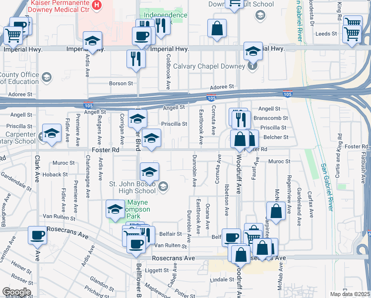 map of restaurants, bars, coffee shops, grocery stores, and more near 9837 Foster Road in Downey
