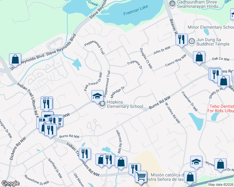 map of restaurants, bars, coffee shops, grocery stores, and more near 4668 Midridge Drive in Norcross