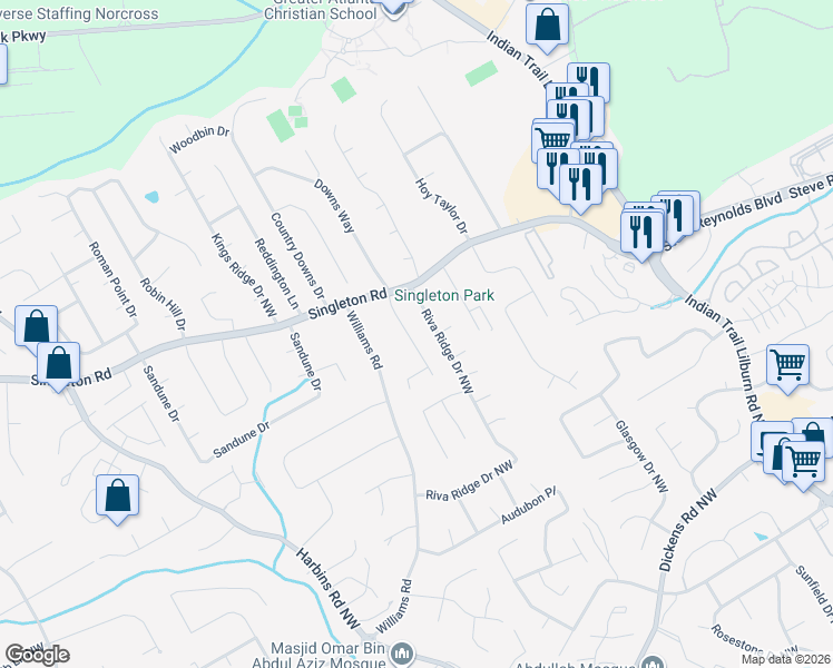 map of restaurants, bars, coffee shops, grocery stores, and more near 1221 Seattle Slew Lane Northwest in Norcross