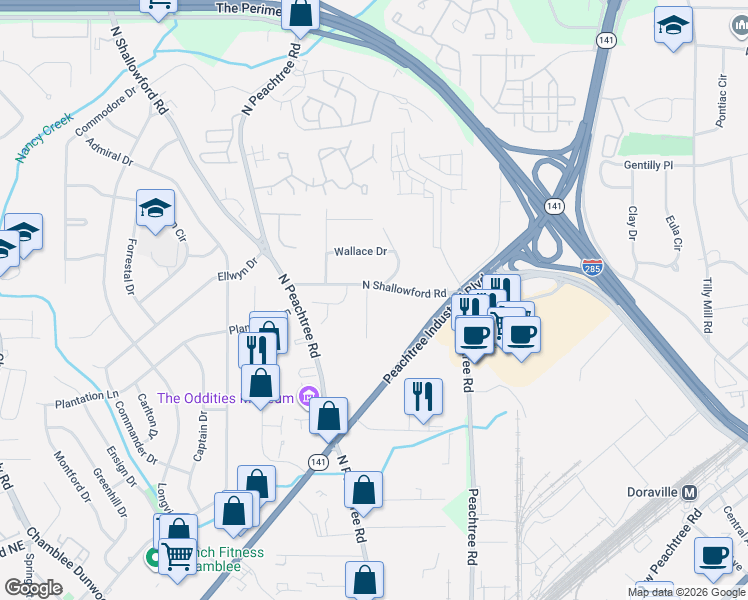 map of restaurants, bars, coffee shops, grocery stores, and more near 2296 North Shallowford Road in Chamblee