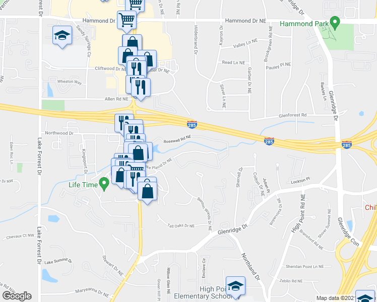 map of restaurants, bars, coffee shops, grocery stores, and more near 5735 Roswell Road Northeast in Atlanta