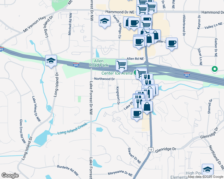 map of restaurants, bars, coffee shops, grocery stores, and more near 5600 Kingsport Drive in Atlanta