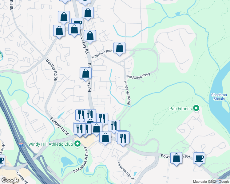 map of restaurants, bars, coffee shops, grocery stores, and more near 3098 Woodwalk Drive in Atlanta