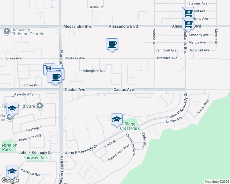 map of restaurants, bars, coffee shops, grocery stores, and more near 28434 Belleterre Avenue in Moreno Valley