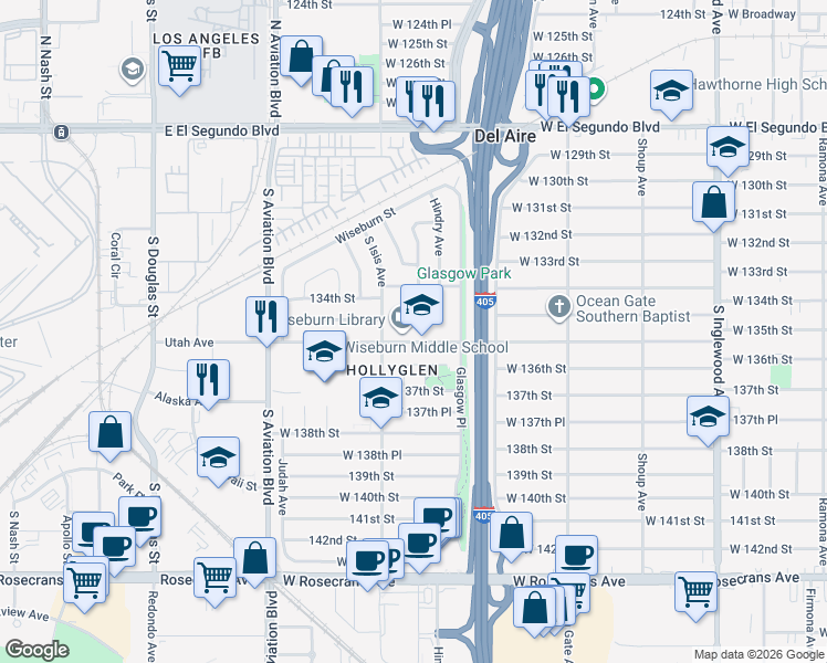 map of restaurants, bars, coffee shops, grocery stores, and more near 5309 West 135th Street in Hawthorne