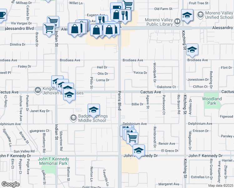 map of restaurants, bars, coffee shops, grocery stores, and more near 14502 Cessna Lane in Moreno Valley