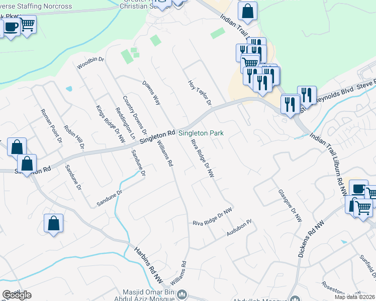 map of restaurants, bars, coffee shops, grocery stores, and more near 1221 Seattle Slew Lane Northwest in Norcross