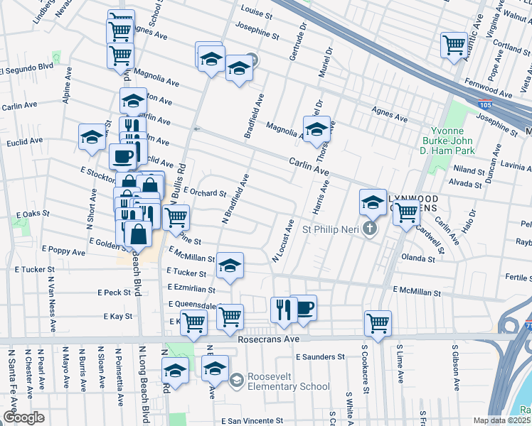 map of restaurants, bars, coffee shops, grocery stores, and more near 1908 East Orchard Street in Compton