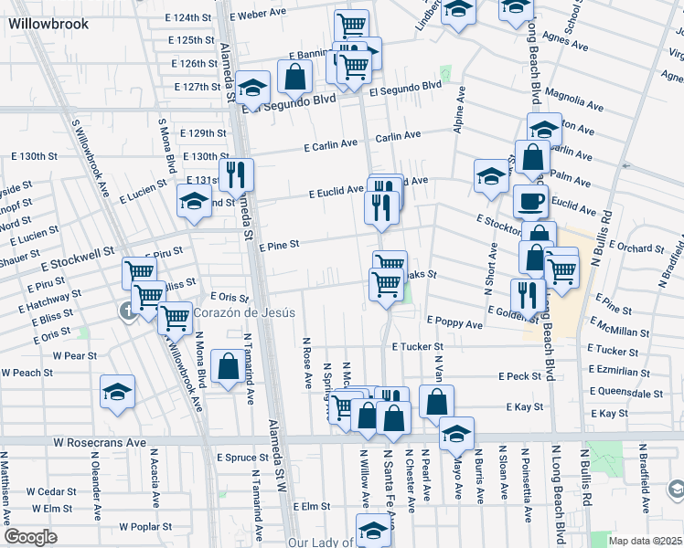 map of restaurants, bars, coffee shops, grocery stores, and more near 519 East Oaks Street in Compton