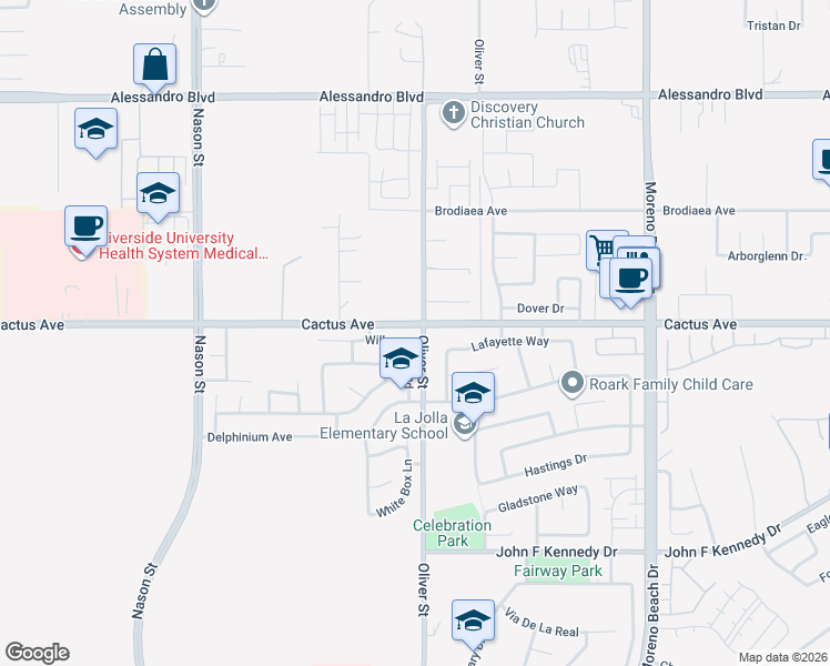 map of restaurants, bars, coffee shops, grocery stores, and more near 27480 Aromatic Court in Moreno Valley