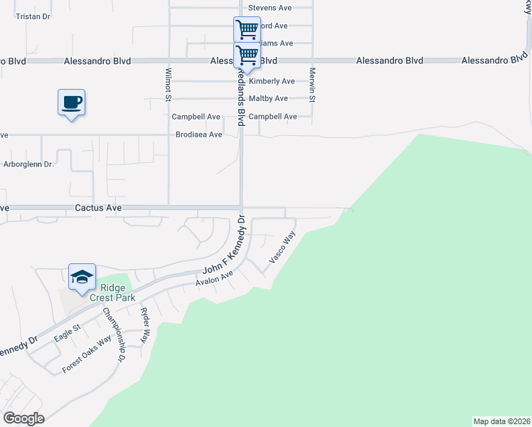 map of restaurants, bars, coffee shops, grocery stores, and more near 29050 Alicante Avenue in Moreno Valley