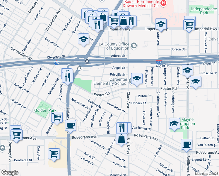 map of restaurants, bars, coffee shops, grocery stores, and more near 9232 Belcher Street in Downey