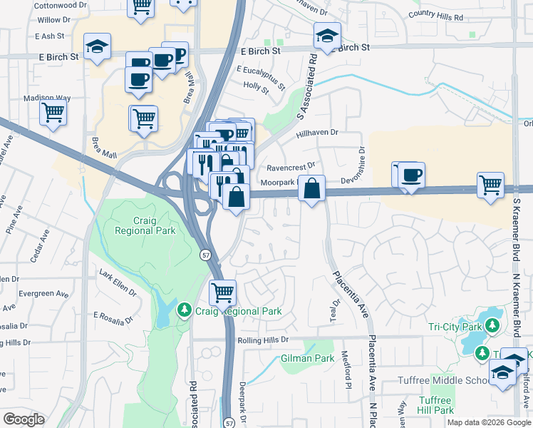 map of restaurants, bars, coffee shops, grocery stores, and more near 2941 Gingerwood Circle in Fullerton