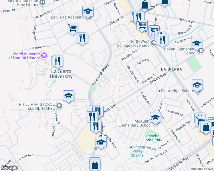 map of restaurants, bars, coffee shops, grocery stores, and more near 11500 Park Trails Court in Riverside