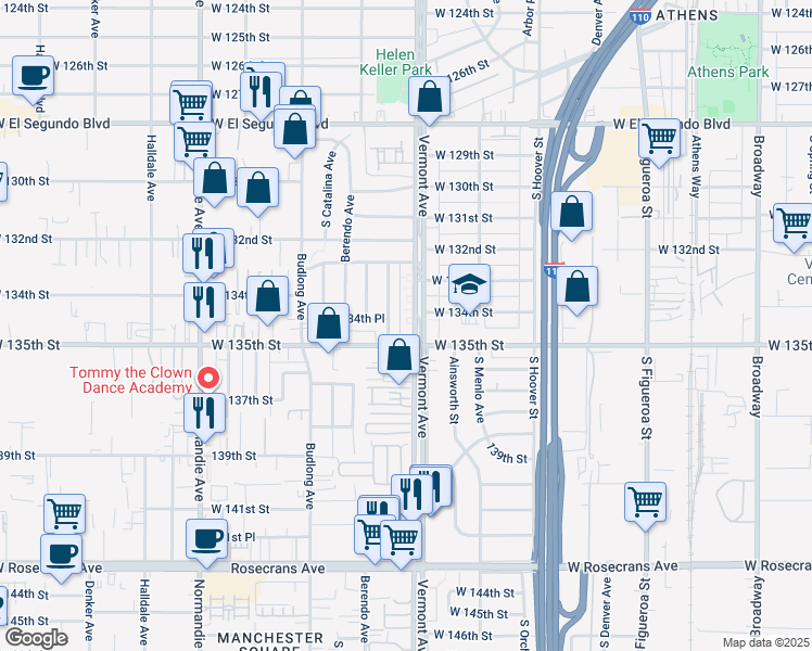map of restaurants, bars, coffee shops, grocery stores, and more near 13431 South Vermont Avenue in Gardena