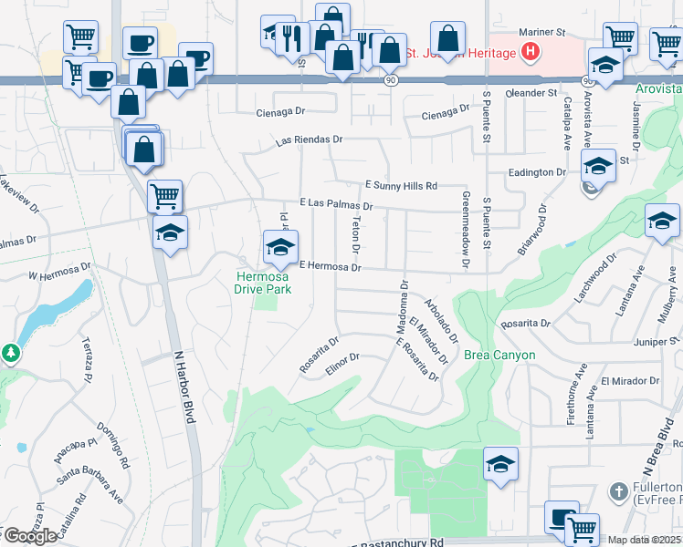 map of restaurants, bars, coffee shops, grocery stores, and more near 524 East Hermosa Drive in Fullerton