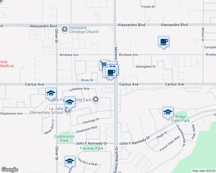 map of restaurants, bars, coffee shops, grocery stores, and more near 27931 Cactus Avenue in Moreno Valley