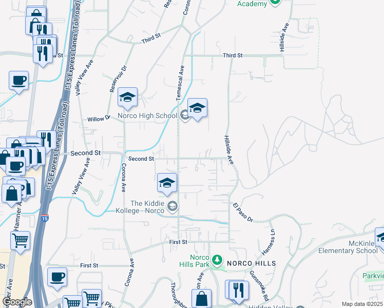 map of restaurants, bars, coffee shops, grocery stores, and more near 1049 2nd Street in Norco