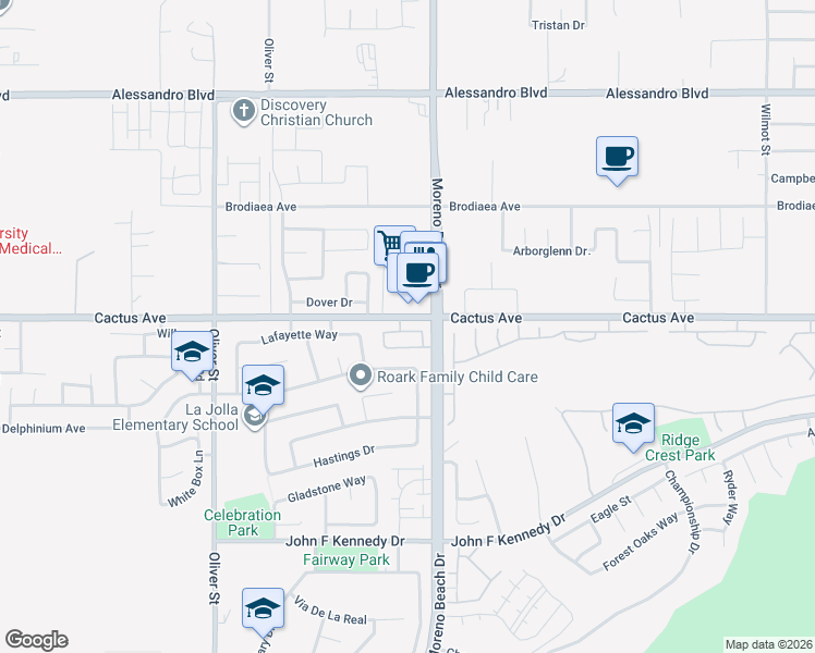 map of restaurants, bars, coffee shops, grocery stores, and more near 14485 Moreno Beach Drive in Moreno Valley