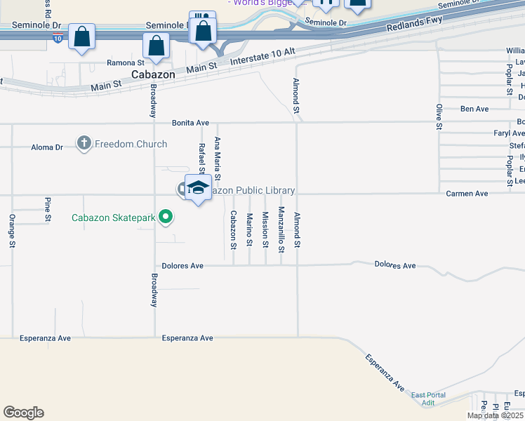 map of restaurants, bars, coffee shops, grocery stores, and more near 14558 Mission Street in Cabazon