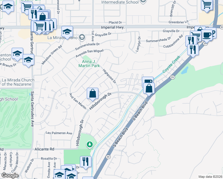 map of restaurants, bars, coffee shops, grocery stores, and more near 16208 Peppertree Lane in La Mirada