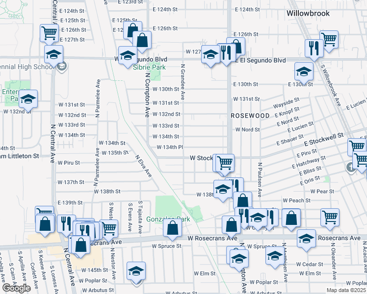 map of restaurants, bars, coffee shops, grocery stores, and more near West 134th Place in Compton