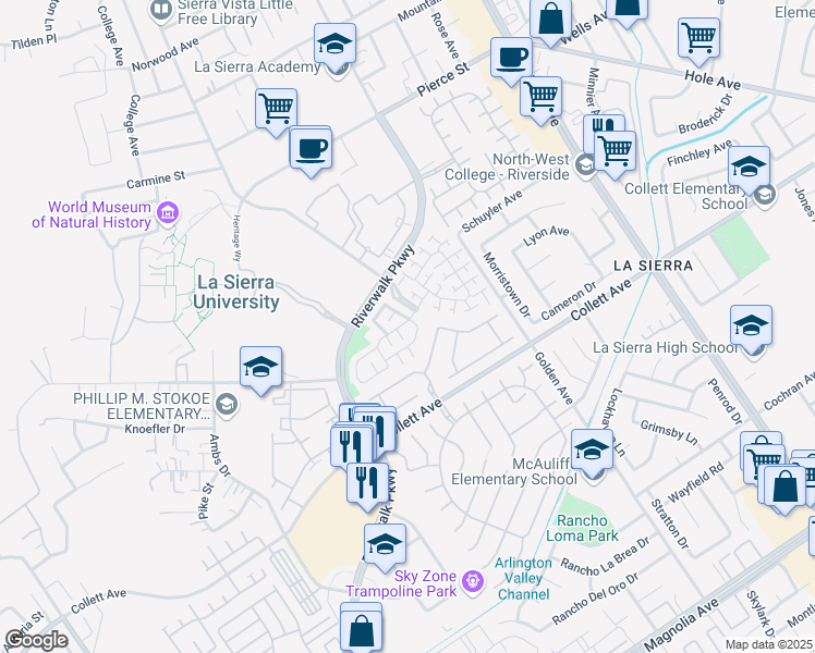 map of restaurants, bars, coffee shops, grocery stores, and more near 11500 Park Trails Court in Riverside