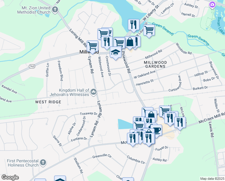 map of restaurants, bars, coffee shops, grocery stores, and more near 260 Crestwood Drive in Sumter