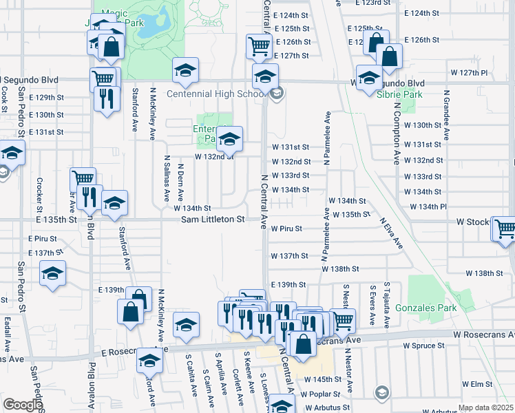 map of restaurants, bars, coffee shops, grocery stores, and more near 1813 North Central Avenue in Los Angeles