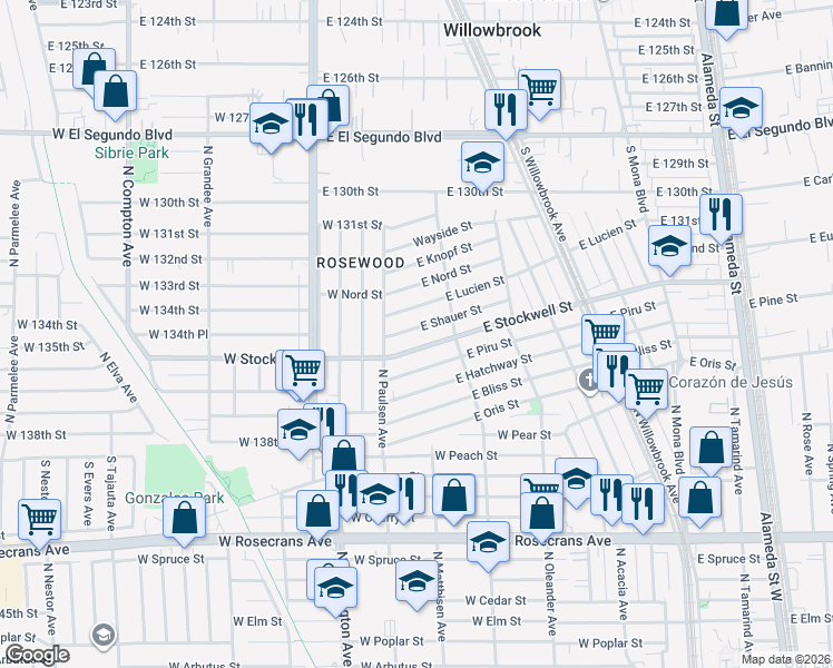 map of restaurants, bars, coffee shops, grocery stores, and more near 2036 East Shauer Street in Compton