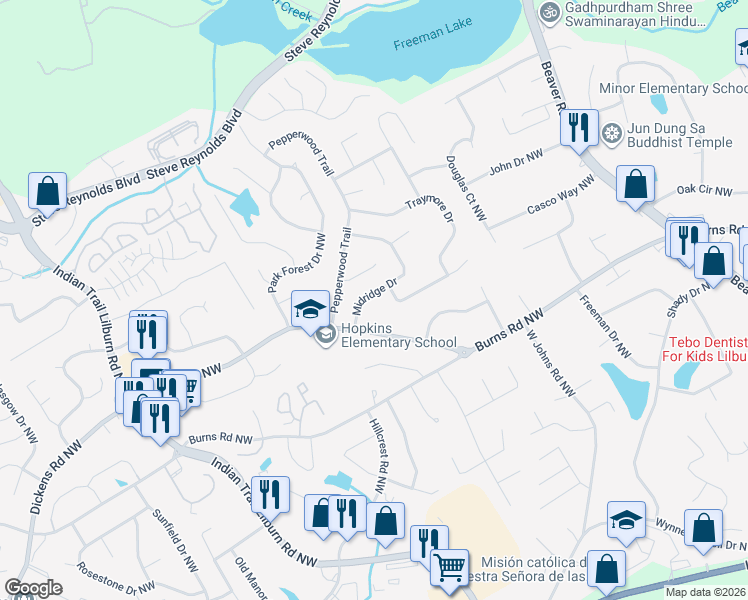map of restaurants, bars, coffee shops, grocery stores, and more near 4668 Midridge Drive in Norcross