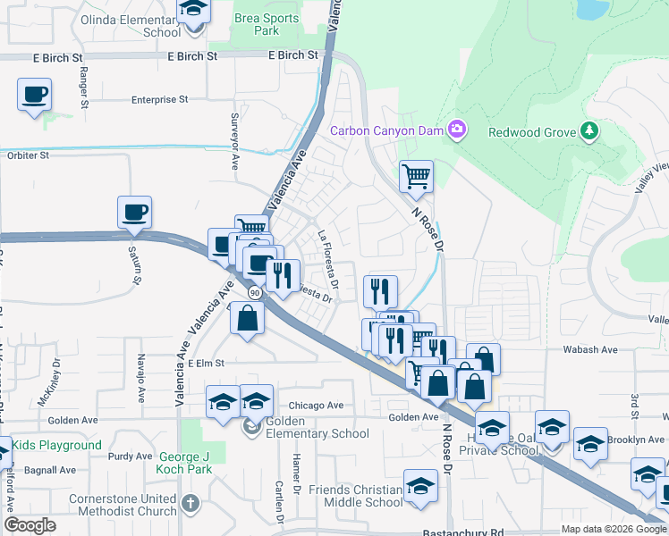 map of restaurants, bars, coffee shops, grocery stores, and more near 3556 La Mancha Drive in Brea