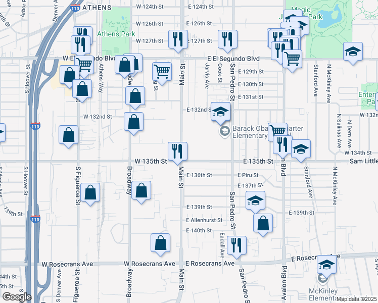 map of restaurants, bars, coffee shops, grocery stores, and more near 13344 South Main Street in Los Angeles
