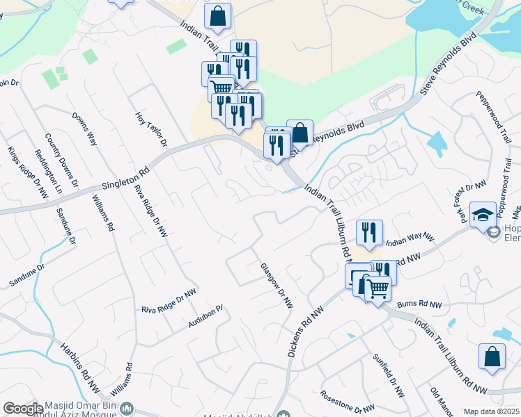 map of restaurants, bars, coffee shops, grocery stores, and more near 5013 Cold Springs Drive Northwest in Lilburn