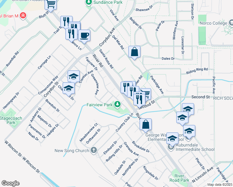 map of restaurants, bars, coffee shops, grocery stores, and more near 1268 Dale Circle in Corona