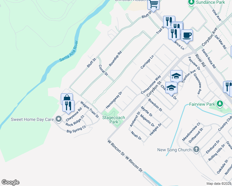 map of restaurants, bars, coffee shops, grocery stores, and more near 960 Hemingway Drive in Corona