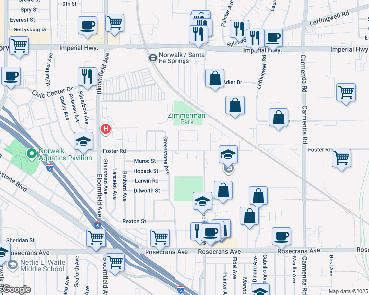 map of restaurants, bars, coffee shops, grocery stores, and more near 12947 Foster Road in Norwalk