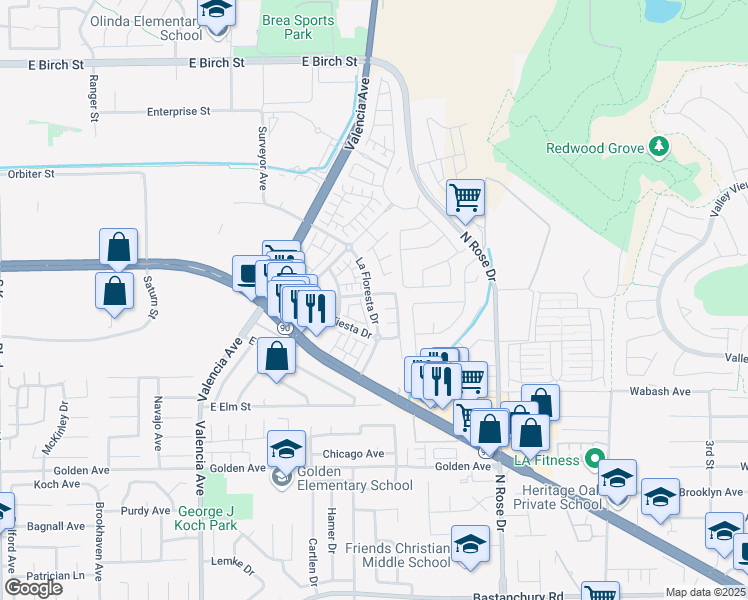 map of restaurants, bars, coffee shops, grocery stores, and more near 3556 La Mancha Drive in Brea