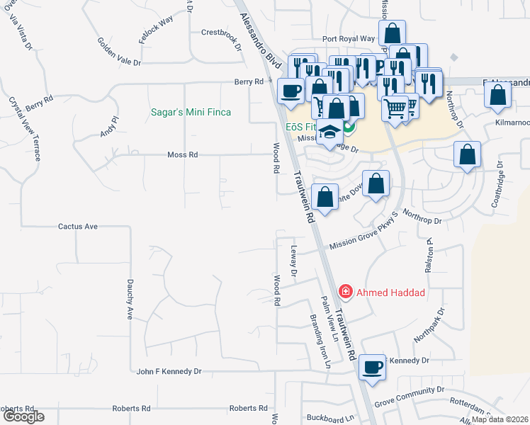 map of restaurants, bars, coffee shops, grocery stores, and more near 14391 Wood Road in Riverside