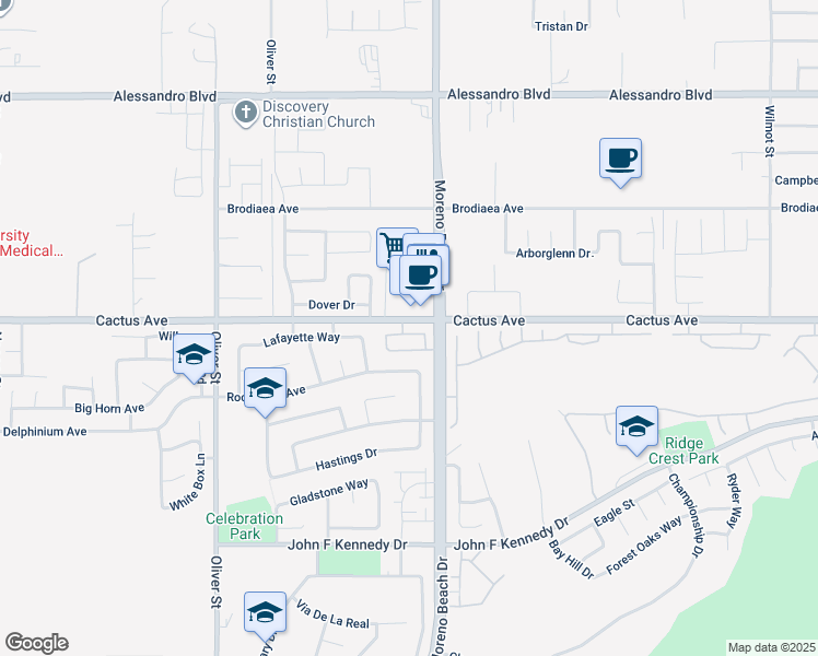 map of restaurants, bars, coffee shops, grocery stores, and more near 27931 Cactus Avenue in Moreno Valley