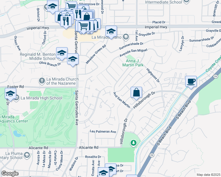 map of restaurants, bars, coffee shops, grocery stores, and more near 13102 Avenida Santa Tecla in La Mirada