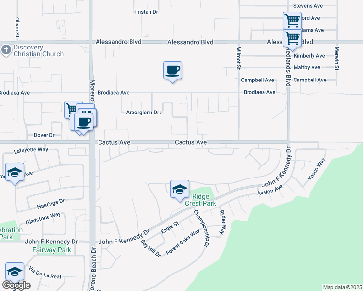 map of restaurants, bars, coffee shops, grocery stores, and more near 28456 Belleterre Avenue in Moreno Valley