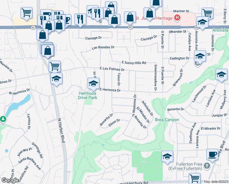 map of restaurants, bars, coffee shops, grocery stores, and more near 524 East Hermosa Drive in Fullerton