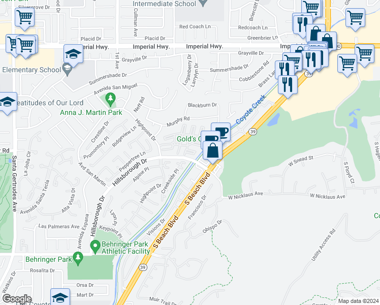 map of restaurants, bars, coffee shops, grocery stores, and more near 13310 Sandown Court in La Mirada