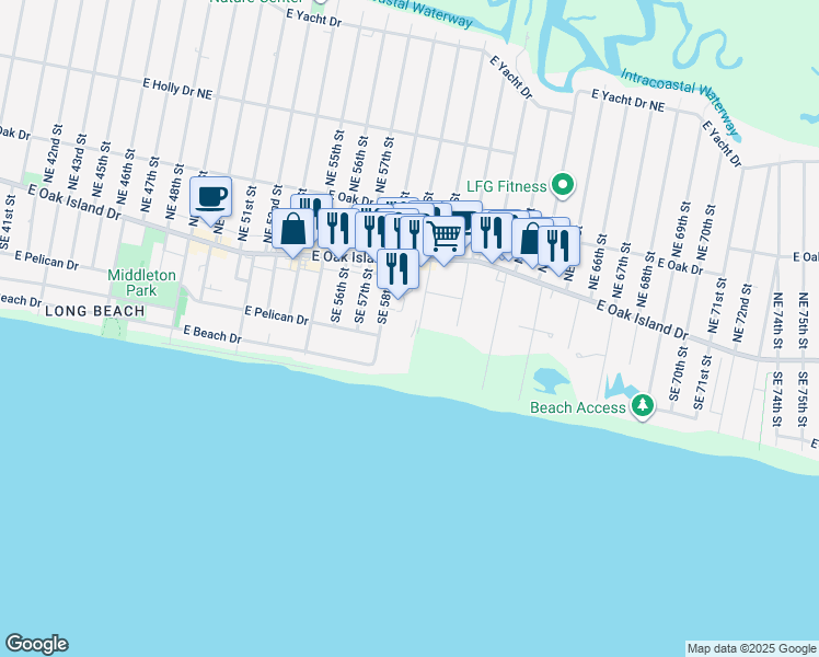 map of restaurants, bars, coffee shops, grocery stores, and more near 120 Southeast 58th Street in Oak Island