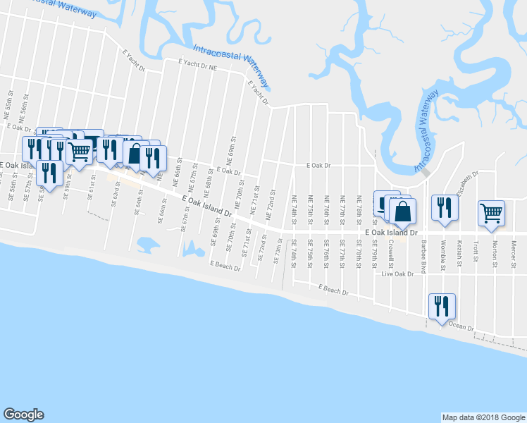 map of restaurants, bars, coffee shops, grocery stores, and more near 103 Northeast 72nd Street in Oak Island